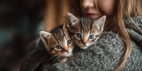 Two kittens with owner
