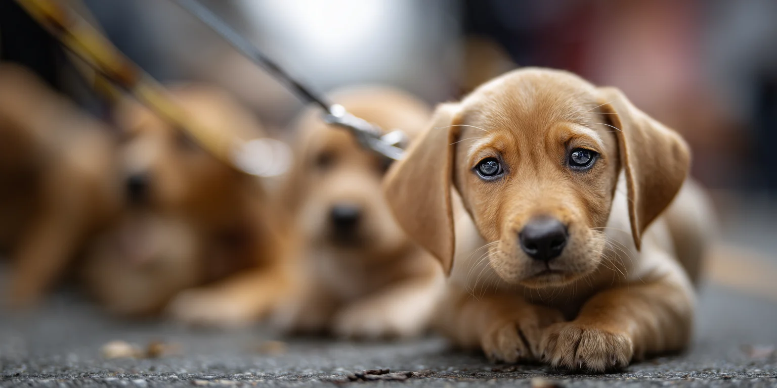 A close-up of a young golden puppy on a lead resting calmly on the ground, with other puppies blurred in the background, representing early socialisation at puppy school.