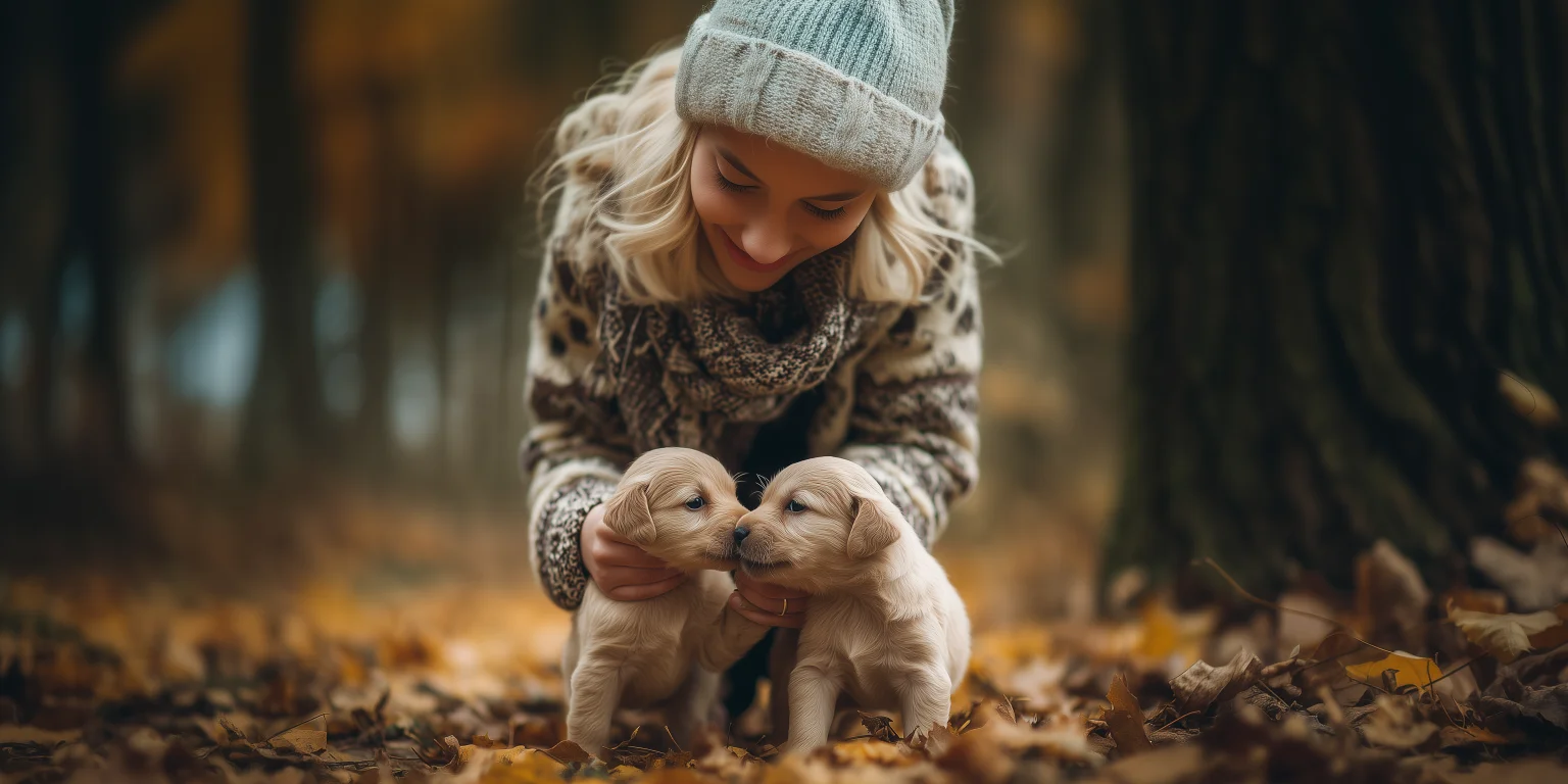 A smiling owner in a beanie kneeling in autumn leaves to gently hold two golden retriever puppies, illustrating the freedom to explore safely with up-to-date dog vaccinations.