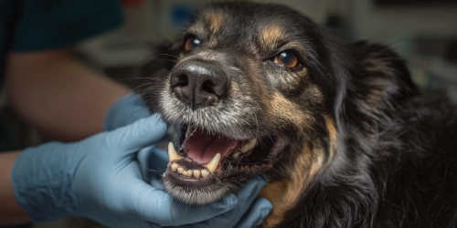 A close-up of a vet in blue gloves gently examining an older black and tan dog's teeth, highlighting the importance of professional pet dental care.